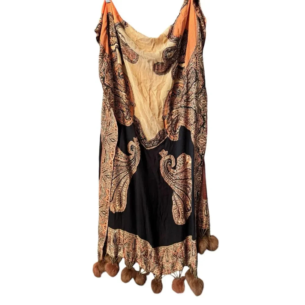 Paisley Wrap Shawl OS Black Brown Orange Beaded Pom Pom Boho Aesthetic